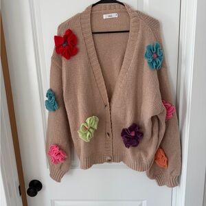 Chic Beige Cardigan with Colorful Floral Accents